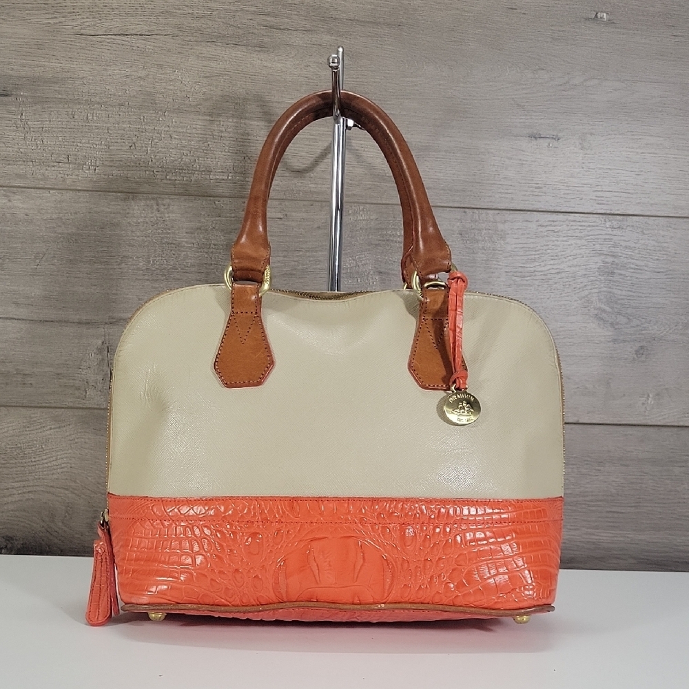 Brahmin Cream/Orange Croc Embossed Leather Dome Satchel Bag